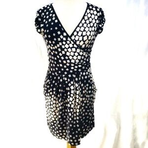 Speechless Abstract Geo Print Black & Ivory Faux Wrap Dress with Pockets, Size S